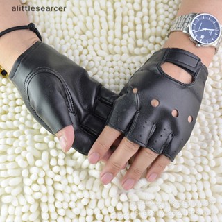 Alittlesearcer ถุงมือหนัง แบบครึ่งนิ้ว สีดํา แฟชั่นสําหรับผู้ชาย และผู้หญิง