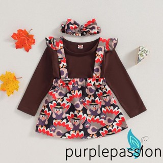 Purplepassion- ชุดเสื้อยืดแขนยาว พิมพ์ลายไก่งวง พร้อมกระโปรง ที่คาดผม สีพื้น สําหรับเด็กผู้หญิง 3 ชิ้น