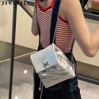 JIVIVILห่วงโซ่ของผู้หญิงสุดเท่ห์ร้อนแรงกระเป๋าเป้สะพายหลังคู่คุณภาพพรีเมี่ยมกระเป๋าเป้สะพายหลังสีเงิน