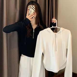 ใหม่ เสื้อครอปซิปหน้า เสื้อกันหนาวมีฮู้ดแขนยาวแบบบาง  เสื้อแขนยาว