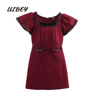 Uibey ชุดเดรส ผ้าขนสัตว์ คอสี่เหลี่ยม เอวสูง สีตัดกัน 4763