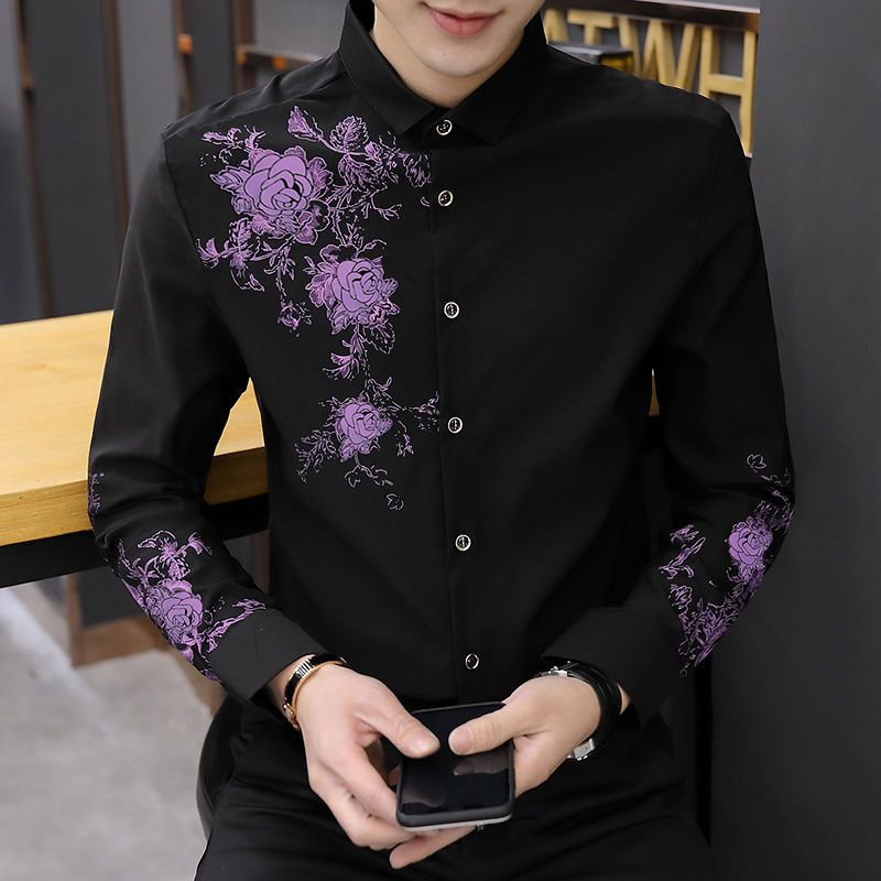 เสื้อเชิ้ตแขนยาว ผ้ายืด พิมพ์ลาย สไตล์เกาหลี อินเทรนด์สําหรับผู้ชาย