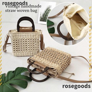 Rosegoods1 กระเป๋าฟางสาน สะพายไหล่ หูหิ้วไม้ จุของได้เยอะ ปรับได้ เหมาะกับฤดูร้อน