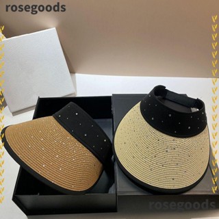 Rosegoods1 หมวกฟางปีกกว้าง ประดับเพชร ป้องกันรังสียูวี ขนาดใหญ่ สําหรับผู้หญิง