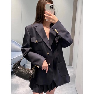 Y3XL MIU MIU 23 autumn and winter new navy blue Golden button pocket suit belt high waist pleated overskirt fashionable women