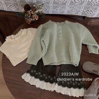 Korean style childrens clothing 2023 new autumn girls knitted long-sleeved sweater base shirt lace flared pants three-piece set P79Y