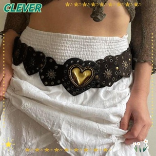 Clever เข็มขัดหนัง PU ประดับหมุด รูปหัวใจ สีขาว สไตล์โบโฮ วินเทจ เรโทร สําหรับผู้หญิง