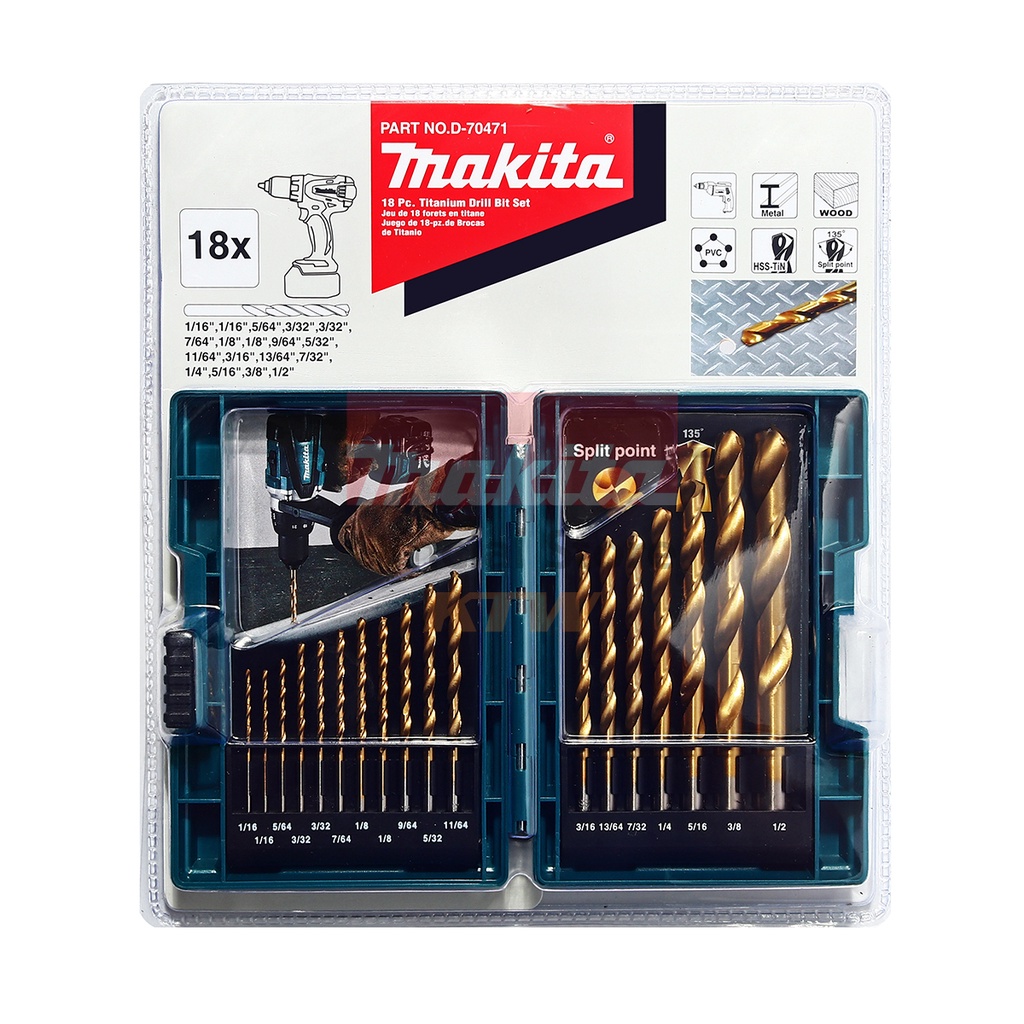 MAKITA มากีต้า MPD-70471 ชุดดอก HSS-TIN สีทอง( หุน) 18 ดอก/ชุดMAK METAL DRILL BIT  18PCS/SET D-70471 Code D-70471