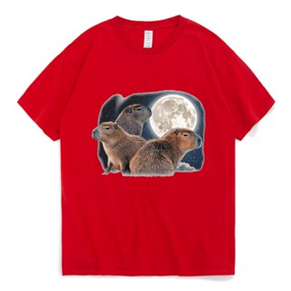 ขายเสื้อวินเทจผญ สาม Capybaras และดวงจันทร์ตลก Capybara อารมณ์ขันเสื้อยืด  ตลกเสื้อยืดแขนสั้นแฟชั่นคาวาอี้ T-sh ส สหศึกษ