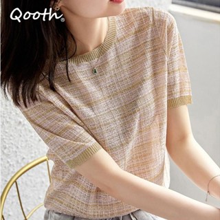 Qooth เสื้อท็อปแขนสั้น ผ้าถัก ลายสก๊อต แฟชั่นฤดูใบไม้ผลิ ฤดูร้อน สําหรับผู้หญิง QT2071