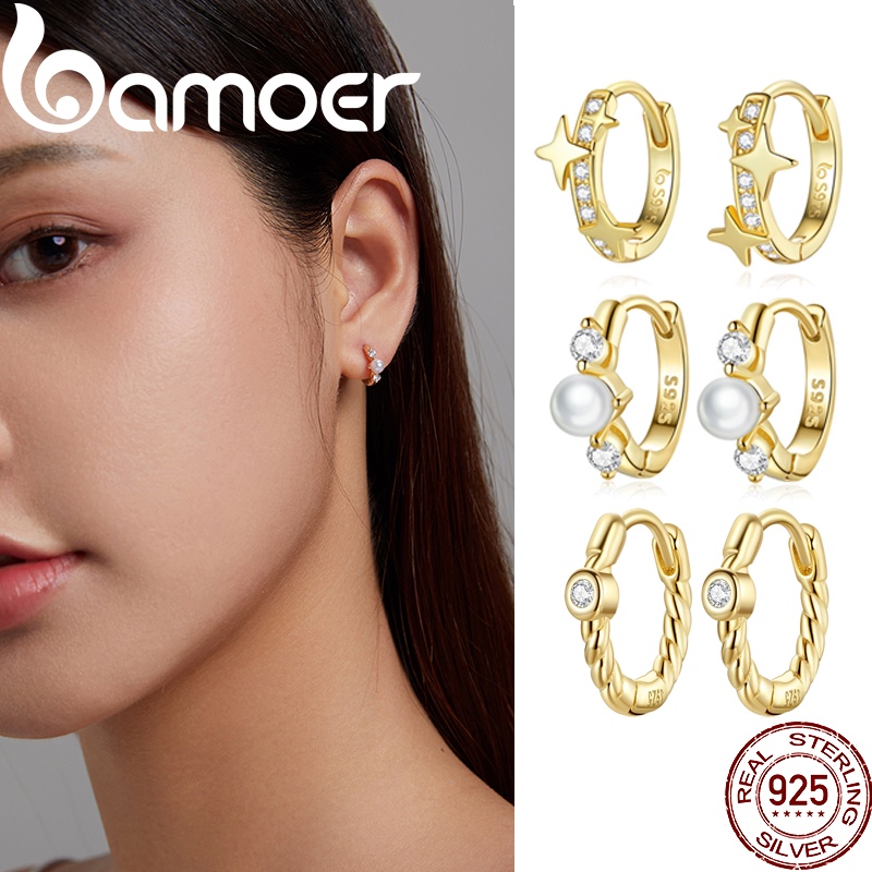 Bamoer 925 เงินสเตอร์ลิงทองคู่ต่างหู Heart Hoop และดอกไม้ต่างหูเครื่องประดับแฟชั่นของขวัญ
