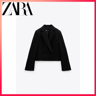 Zara ใหม่ เสื้อแจ็กเก็ตสูท กระดุมสองแถว ตัวสั้น สําหรับผู้หญิง