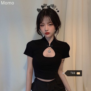 momo~วินเทจกระดุมด้านบน เสื้อยืดแขนสั้นถัก ท็อปส์ซู Slim Fit Short MQ083