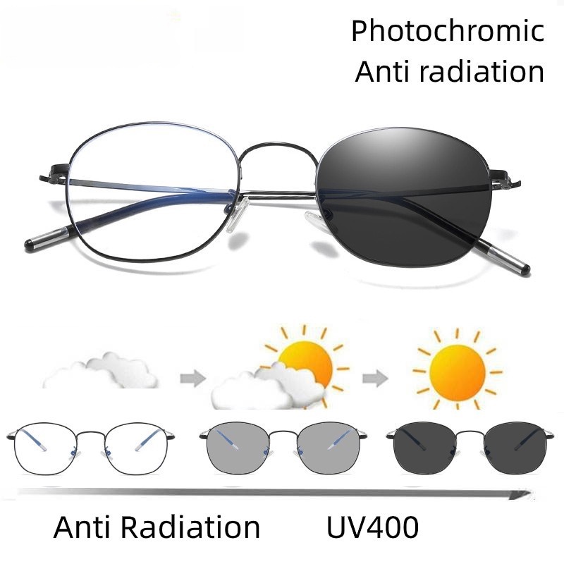 เฮ้ แฟชั่นย้อนยุคกรอบโลหะโฟโตโครมิกป้องกันแสงสีฟ้าแว่นกันแดดผู้หญิงแสงแบนแว่นกันแดด ชั้น044 - รูปที่ 2