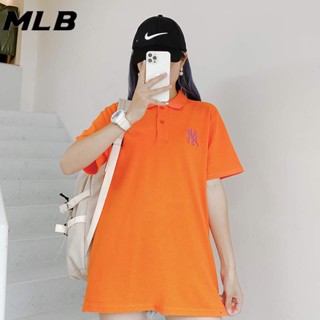 เสื้อยืดโปโลลําลอง ผ้าฝ้าย แขนสั้น ปักลายโลโก้ MLB NY ของแท้ สําหรับคู่รัก