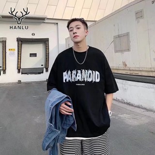 HANLU เสื้อยืด เวอร์ชั่นเกาหลีของส่วนบุคคลไฮสตรีทอินเทรนด์พิมพ์แขนสั้นชาย ins เสื้อยืดแขนสั้นลำลองครึ่งแขนหล่อทุกแมตช์