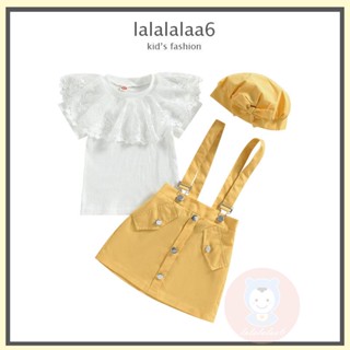 Laa6- เสื้อยืดคอกลม แขนสั้น แต่งลูกไม้ และสายเอี๊ยมกระโปรง สีพื้น สําหรับเด็กผู้หญิง