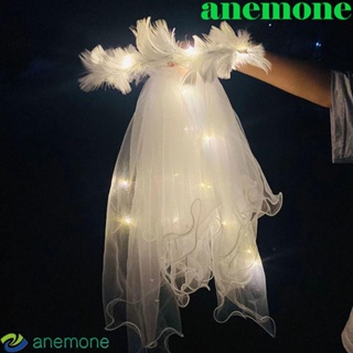 Anemone กิ๊บติดผม ผ้าตาข่าย มีไฟ LED ประดับโบว์ สีขาว สไตล์เกาหลี สําหรับเจ้าสาว เพื่อนเจ้าสาว