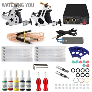 Watching You Complete Tattoo Machine Kit 5 Color Inks Power Supplies เข็มที่ใช้แล้วทิ้งสำหรับผู้เริ่มต้น Ariststs US Plug