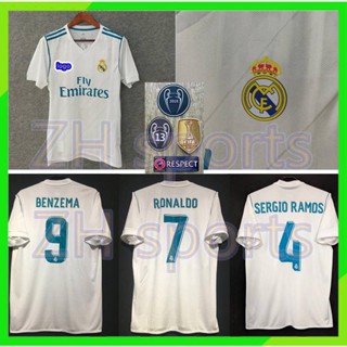 เสื้อกีฬาแขนสั้น ลายทีมชาติฟุตบอล Real Madrid 17/18 2017/2018 ชุดเหย้า SERGIO RAMOS 4 RONALDO 7 BENZEMA 9 ชุดเหย้า