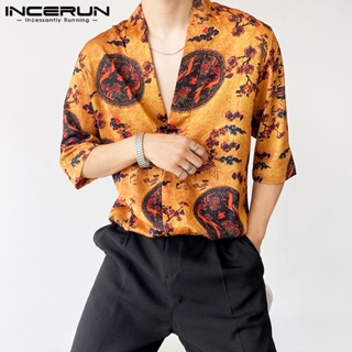 Incerun เสื้อเชิ้ตแขนสั้น คอวี ผ้าซาติน จี้ สไตล์วินเทจ สําหรับผู้ชาย