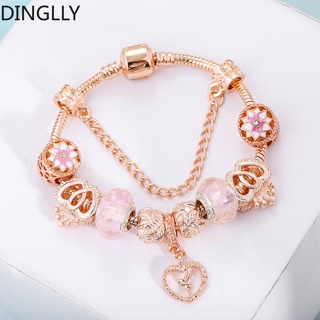 Dinglly สร้อยข้อมือ ลูกปัด อัลลอย สีชมพู ดอกไม้ และหัวใจ แฟชั่นสําหรับผู้หญิง Diy สีโรสโกลด์