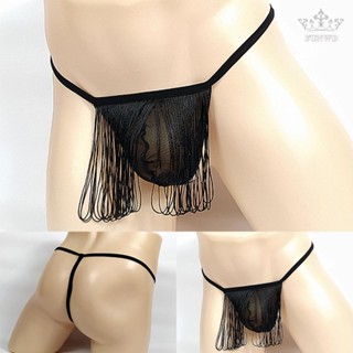 【FUNWD】Mens Briefs One Size Pouch T-back Mesh Tassels Ribbon Thongs Underpants