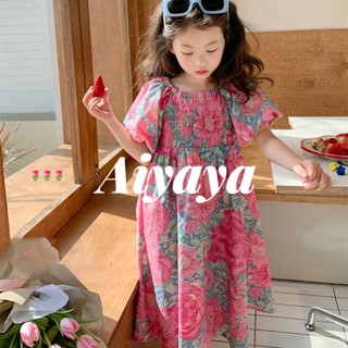 Aiyaya ชุดเด็กผู้หญิง เดรสเด็กผู้หญิง ชุดลายดอกเด็กผู้หญิง ชุดเดรสเจ้าหญิงสีแดงที่มีแขนกลมสไตล์บับเบิ้ลสำหรับเด็ก（591）