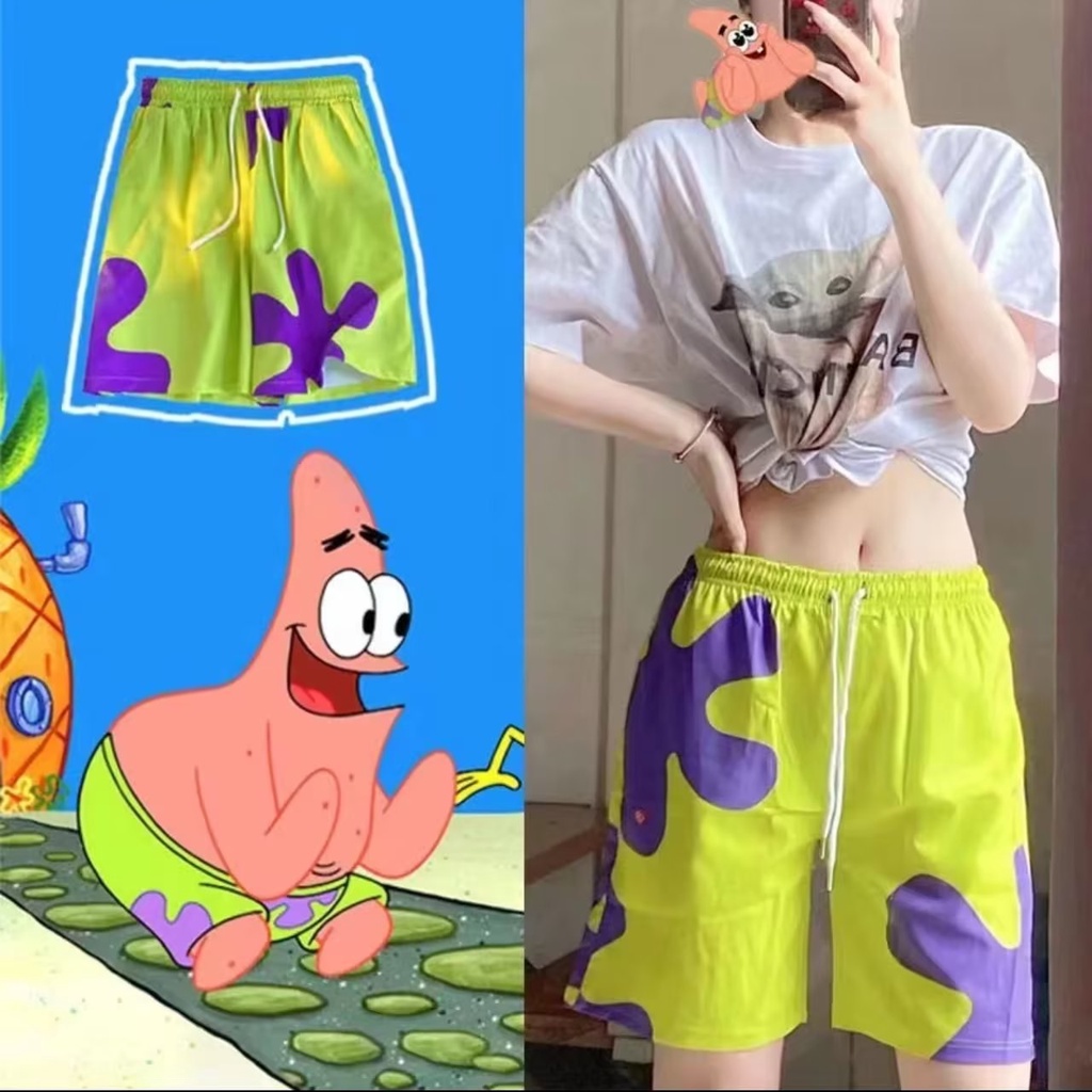 M-5XL Unisex Patrick Star และ SpongeBob กางเกงชายหาดฤดูร้อนน่ารักการ์ตูนดอกไม้ Quick-Drying ฮาวายตลกกางเกงขาสั้น Plus ขนาด - รูปที่ 2