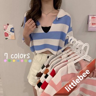 littlebee 5958-1# เสื้อครอปไหมพรมลายทางคอปกหน้าวีแหวกลึก น่ารักใส่สบายมากค่า