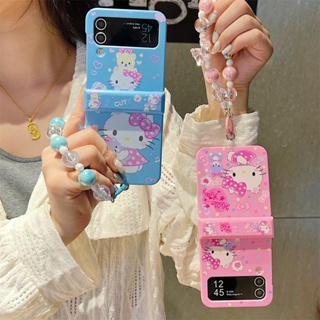 3in1 เคสโทรศัพท์มือถือ PC แข็ง กันกระแทก ลายการ์ตูนเฮลโลคิตตี้ พร้อมสายโซ่คล้อง สีแคนดี้ สําหรับ Samsung Galaxy Z Flip 4 5G Z Flip 3