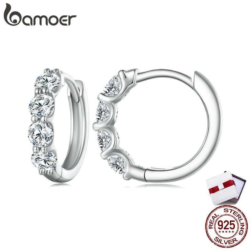 Bamoer ต่างหูเงิน 925 ประดับเพชรโมอิส 0.1 รูปตัว D สไตล์คลาสสิก สําหรับผู้หญิง MSE030