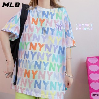 เสื้อยืดแขนสั้น คอกลม ผ้าฝ้าย 100% พิมพ์ลายโลโก้ MLB NY สําหรับผู้ชาย และผู้หญิง