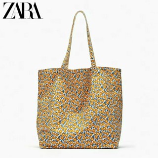 Zara ใหม่ กระเป๋าสะพายไหล่ กระเป๋าช้อปปิ้ง ผ้าแคนวาส ทรงโท้ท ขนาดเล็ก ลายดอกไม้ สองด้าน สําหรับผู้หญิง