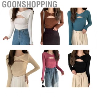 Goonshopping Cut Out Tee Blouse  Rib Knit Cut Out Pullover Shirt Elegant Type Stretchy Long Sleeved  for Dating for Lady