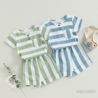 Babygarden-0-3 ปี ชุดเสื้อผ้าเด็กผู้ชาย ลายทาง แขนสั้น เสื้อยืด เด็กแรกเกิด + กางเกงขาสั้น ยืดหยุ่น