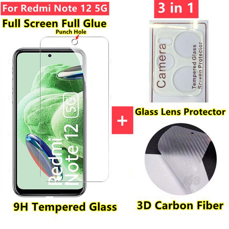 Redmi Note 12 5G กระจกนิรภัย ป้องกันเต็มจอ ตัวป้องกันเลนส์กล้อง ฝาครอบเต็มหน้าจอ เคลือบด้าน เป็นส่วนตัว กระจก 3 In 1 ฟิล์มหลัง คาร์บอนไฟเบอร์