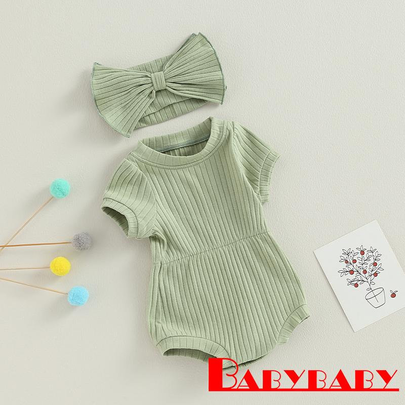 Babybaby- ชุดรอมเปอร์ แขนสั้น สีพื้น พร้อมที่คาดผม โบว์ สําหรับเด็กผู้หญิง