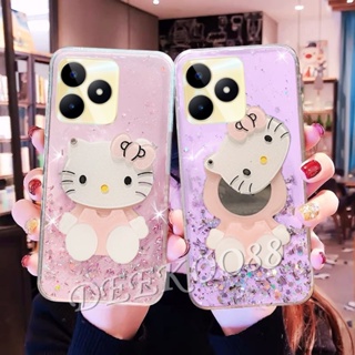 เคสโทรศัพท์มือถือนิ่ม ลายการ์ตูนแมวน่ารัก พร้อมกระจกขาตั้ง สีชมพู สําหรับ Realme C53 C55 NFC 10T 10 Pro+ Pro 5G Coca-Cola Edition 4G Plus 2023 RealmeC53