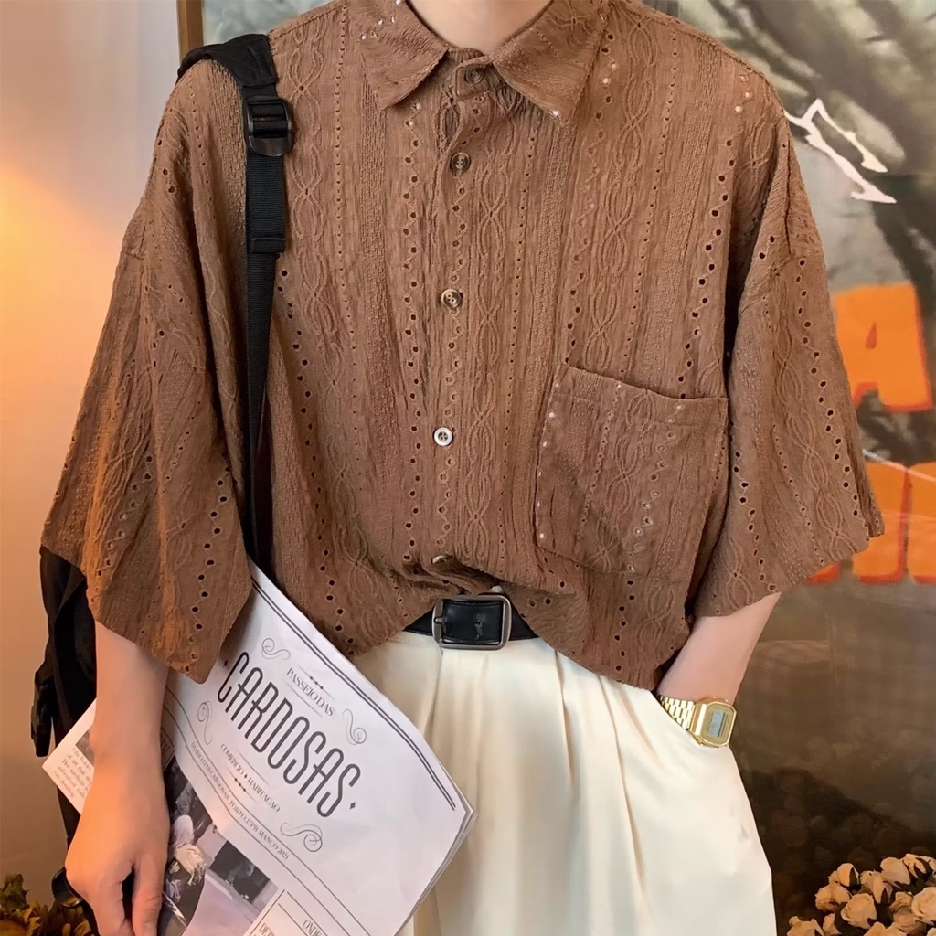 เสื้อเชิ้ตแขนสั้น แบบบาง ฉลุลาย แบบเรียบง่าย สไตล์ญี่ปุ่น เรโทร เหมาะกับฤดูร้อน สําหรับผู้ชาย และผู้หญิง