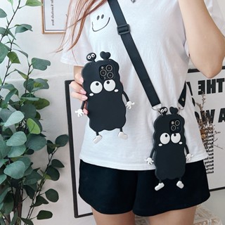 เคสโทรศัพท์มือถือ ยางซิลิโคนนิ่ม ลายการ์ตูน สีดํา พร้อมสายคล้อง แฟชั่น สําหรับ OPPO Reno 6 6Z 6PRO 5 5Z 5PRO 5F 5K 4 4F 4PRO 4Z 4SE 3 2 2Z 2F 5LITE 6LITE