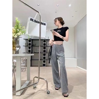 L16F Alexander Wang @ 23 spring and summer new fashionable shiny sequins embroidered diamond high waist casual all-match wide leg trousers