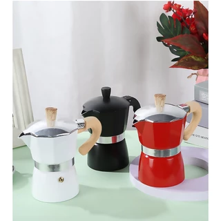 Moka Pot กาต้มกาแฟสดพกพา รุ่นหนา หม้อต้มกาแฟ ทรงแปดเหลี่ยม หูจับลายไม้ มีหลายสี