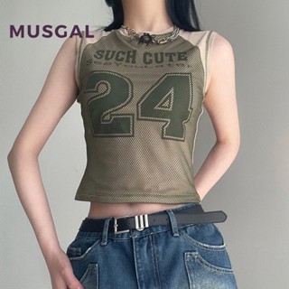 Musgal ใหม่ เสื้อครอปท็อป คอกลม แขนกุด พิมพ์ลายตัวอักษร สีตัดกัน สําหรับผู้หญิง 2023