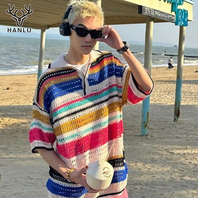 HANLU เสื้อยืดผู้ชาย เสื้อยืดถักลายทางสีย้อนยุคสไตล์อเมริกันปกใหม่หลวมบุคลิกภาพแฟชั่นลำลอง