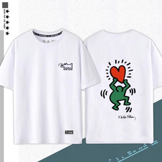 เสื้อยืดแขนสั้น ผ้าฝ้ายแท้ พิมพ์ลาย Keith Haring Co สําหรับผู้ชาย และคู่รัก