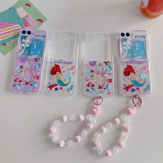 เคสโทรศัพท์มือถือ แบบแข็ง ฝาพับ ลายนางเงือก ผมสีแดง พร้อมสายคล้องมือ สําหรับ Samsung Galaxy Z Flip 5 4 3 2 1 5G Z Flip3 Flip4 Flip5 Flip2