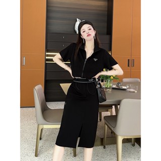 DSQQ PRAD @ p home 23 spring and summer new fashion classic triangle label air cotton short-sleeved coat slimming slit dress suit