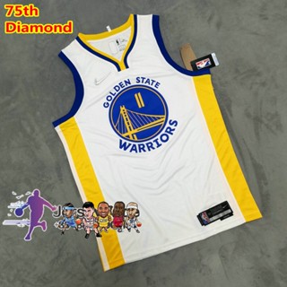 เสื้อกีฬาแขนสั้น ลาย NBA Golden State Warriors สําหรับผู้ชาย 2021-22  #11 เสื้อกีฬาแขนสั้น ลายทีมชาติ Klay Thompson Jerseys สีขาว สีเงิน ครบรอบ 75 ปี 398113