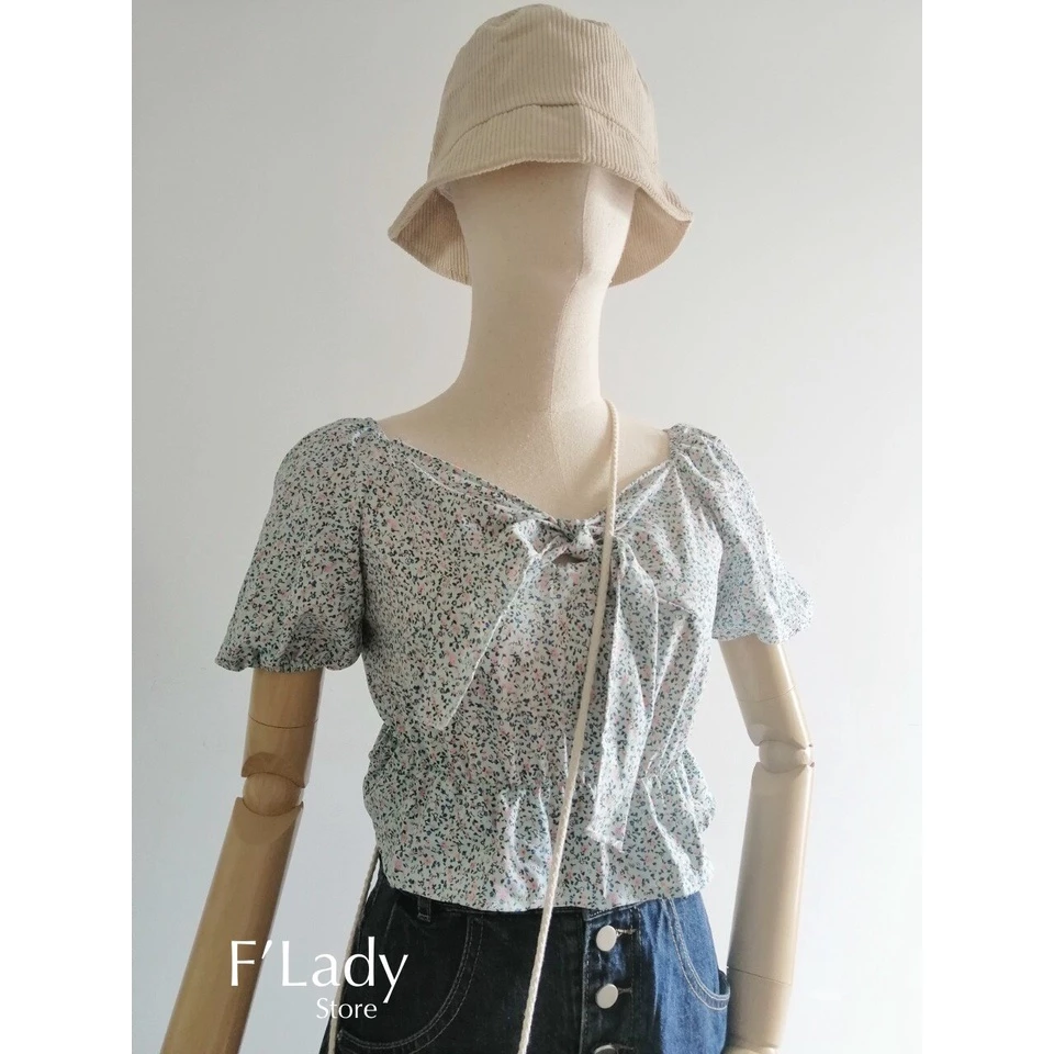 WS144 เสื้อครอปแขนตุ๊กตาผูกโบว์หน้าลายดอกไม้ thumbnail 6